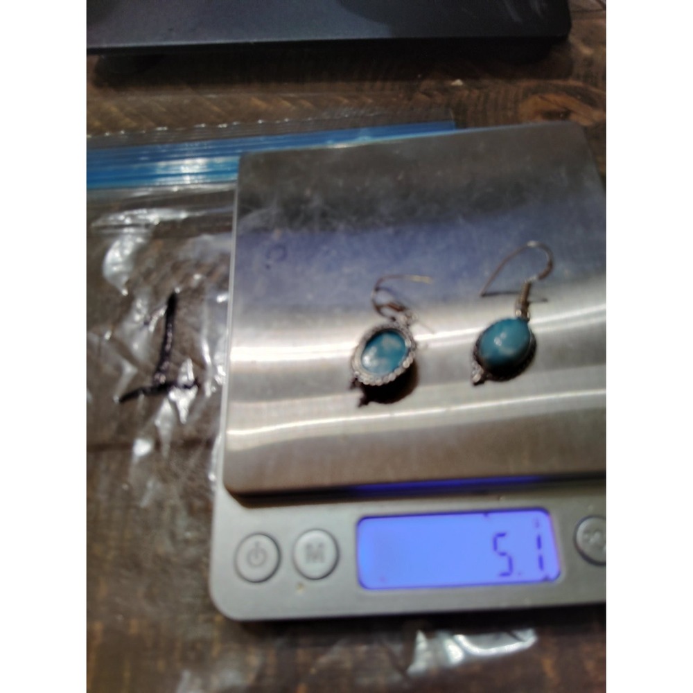 925 Blue Turquoise Oval Cabochon Dangle Drop Earrings tri-bead bottom accent